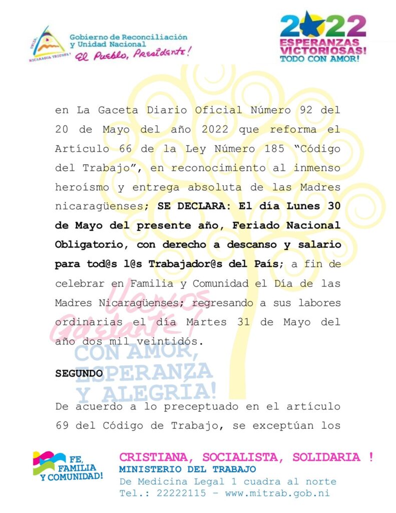 Nicaragua lunes 30 de mayo será Feriado Nacional con goce de salario