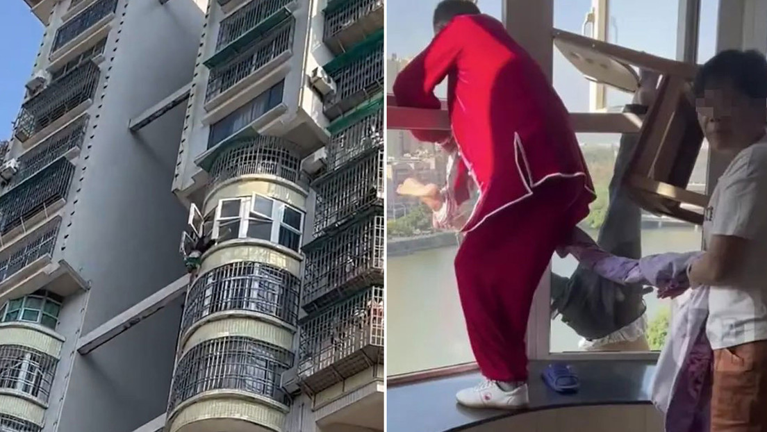Salvan a un anciano colgado boca abajo en la ventana de un edificio en China