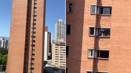 Una mujer pone en peligro su vida al limpiar sin protección la ventana de un décimo piso