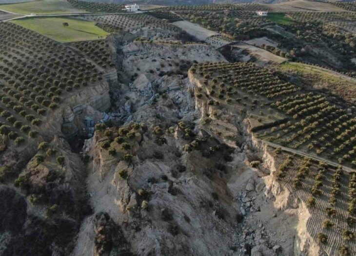 Enorme grieta parte a la mitad un olivar en Turquía