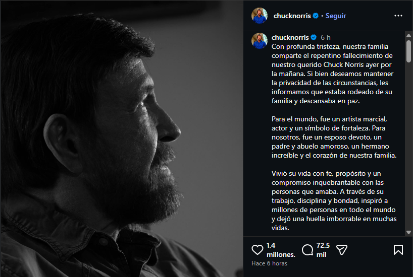 Muere Chuck Norris a los 86 años, ícono del cine de acción y la televisión